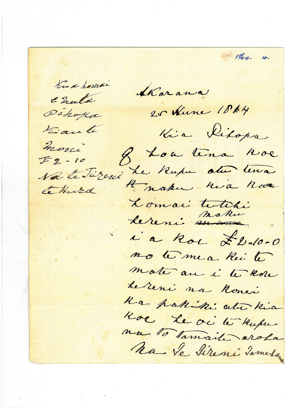 Letter from Te Tirini Temehana at Auckland