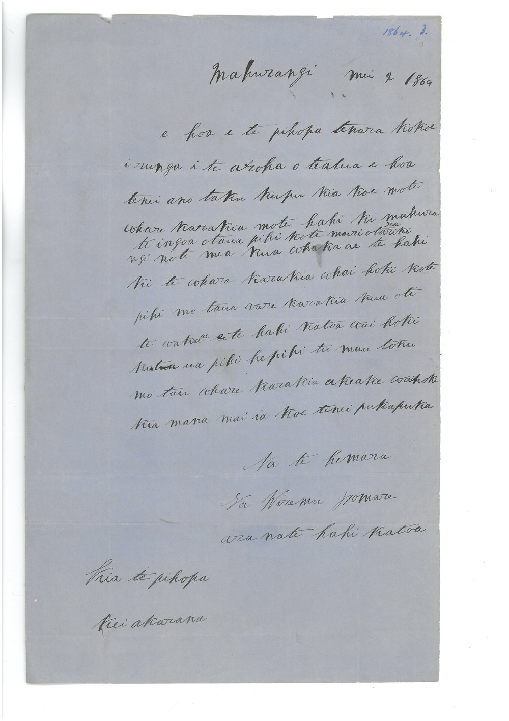 Letter from Wiremu Pomare at Mahurangi