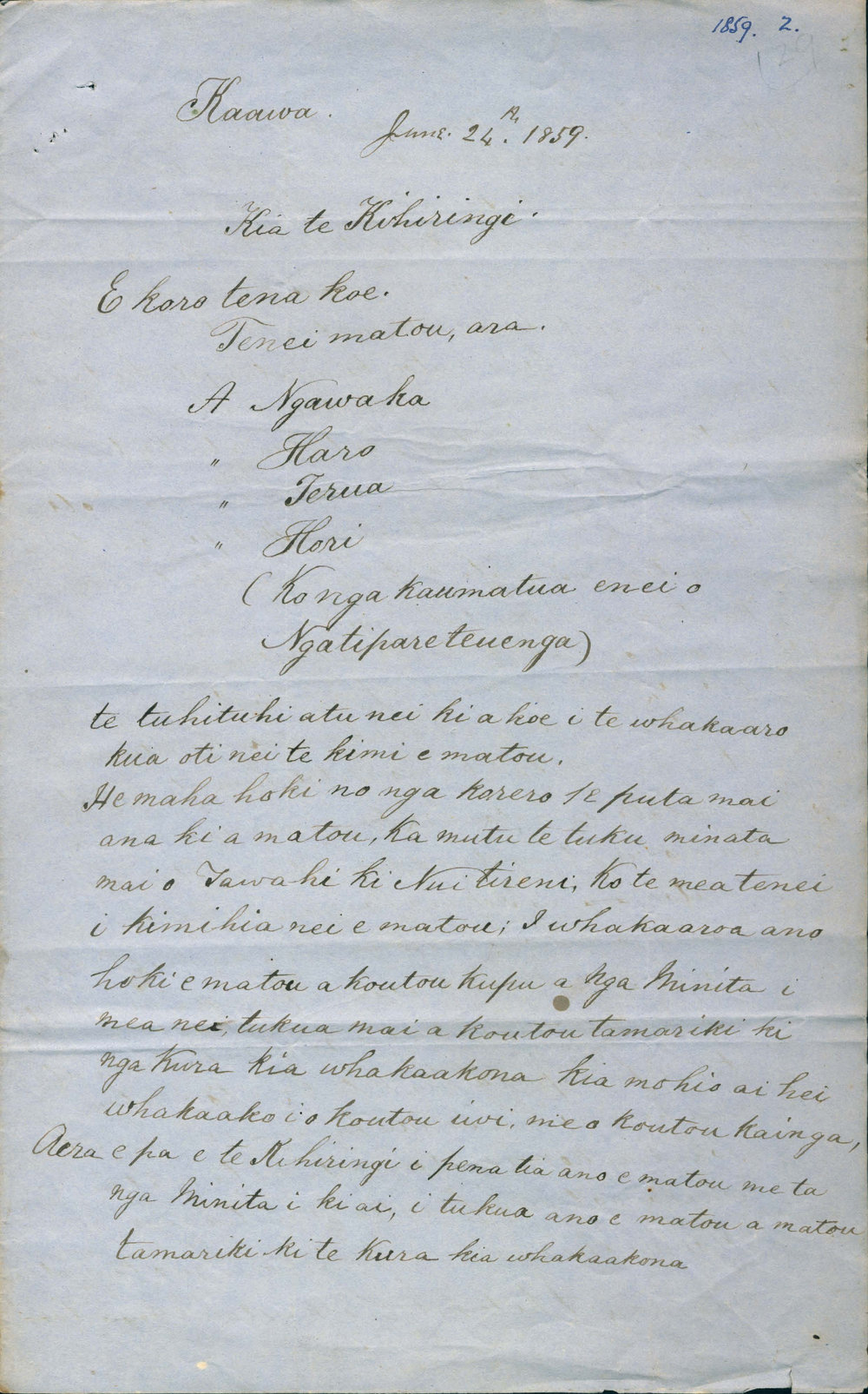 Letter from multiple authors at Kaawa (Raglan County)