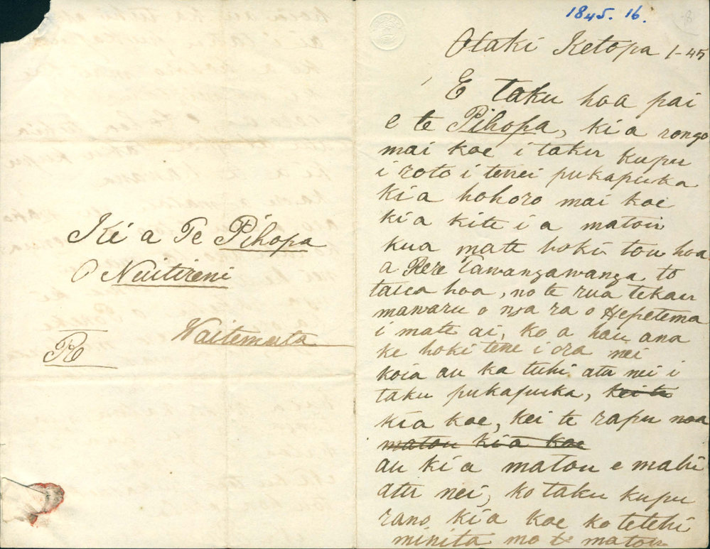 Letter from Te Rauparaha at Otaki