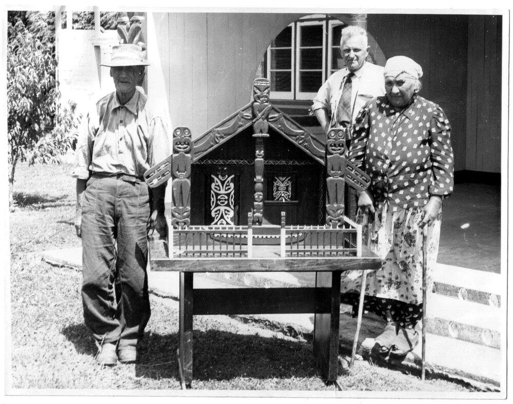 Hori Paki E. P. Morris and Mrs Paki at new Whare Whakairo Huntly (Te Ohaki)