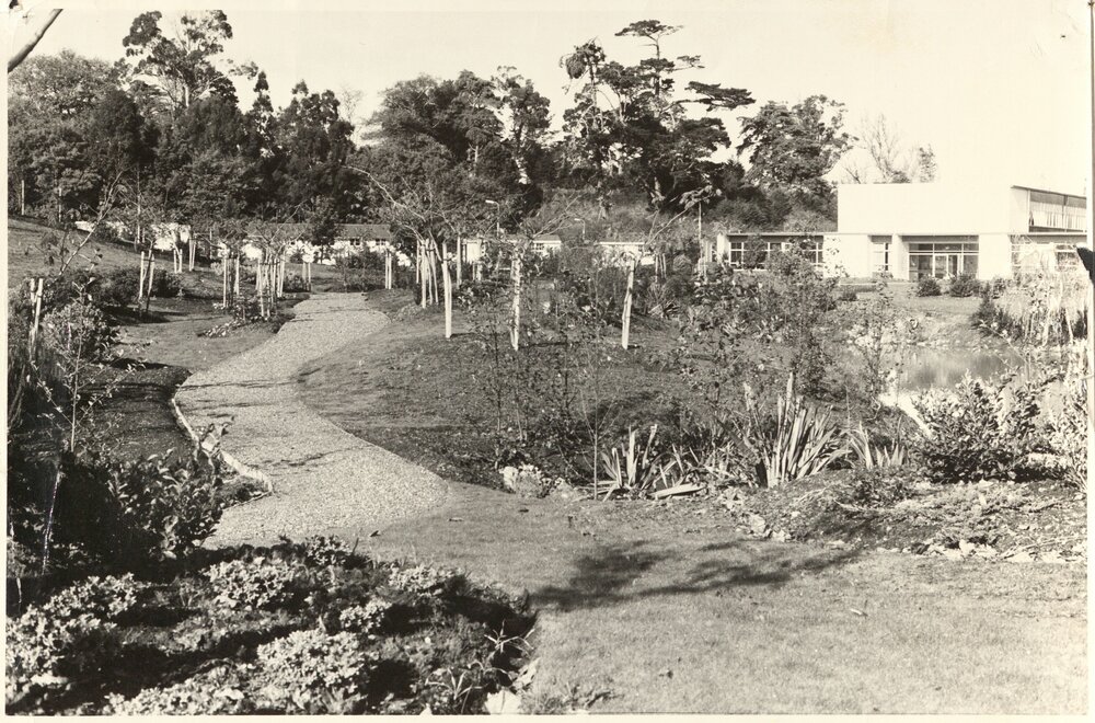 View of ITS building and groundsmen's area 1973