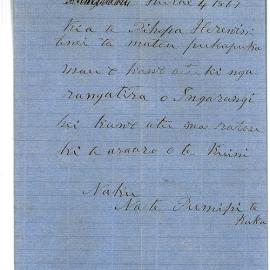 Letter from Pumipi Te Koka at Otaki