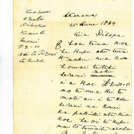 Letter from Te Tirini Temehana at Auckland