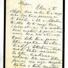 Letter from K. Roiri Te Rangipuahoaho at Wharekauri, Whangaroa, Chatham Islands